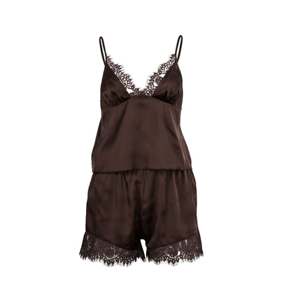 Women Pajamas Satin Stitching Lace Suspender Shorts Two Piece Set Summer Loungewear