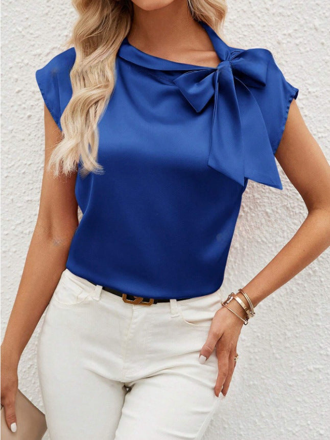 Half Open Collar Bow Satin Top Special Interest Design Satin Women Clothing T shirt