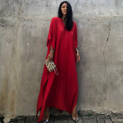 Rayon Loose Robe Beach Cover Up Sexy V Neck Headband Belt Sun Protection Dress Women