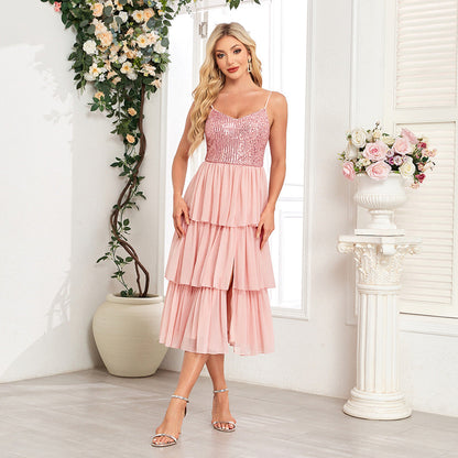 Pink Chiffon Stitching Sequined Three Layer Pleated Midi Dress Spring Summer Thin Strap Stitching Women Elegant Dress