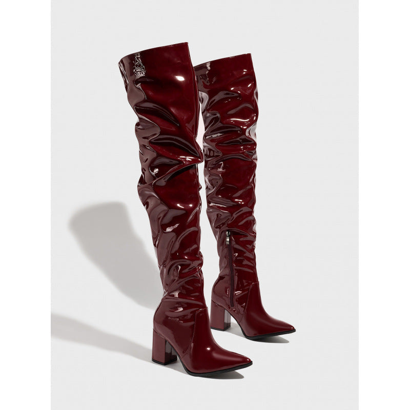Pointed Toe Thick Heel Bright Leather Natural Wrinkle Side Zipper Comfortable Qualcomm Women Boots