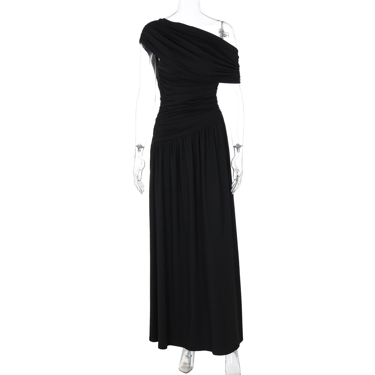 Women Clothing Spring Arrival Fashionable Sexy Diagonal Collar Pleated Asymmetrical Solid Color Dress