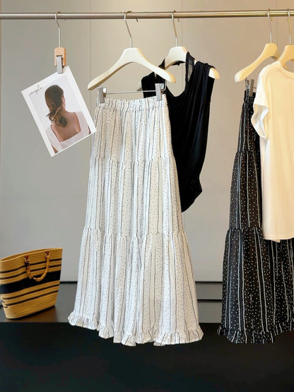 Striped Polka Dot Pleated Tiered Skirt Women Summer Wooden Ear A line Drape Big Hem Umbrella Skirt