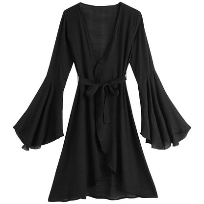 Long Tie Sun Protective Blouse Trumpet Long Sleeved Cardigan Bikini Overskirt Women Summer