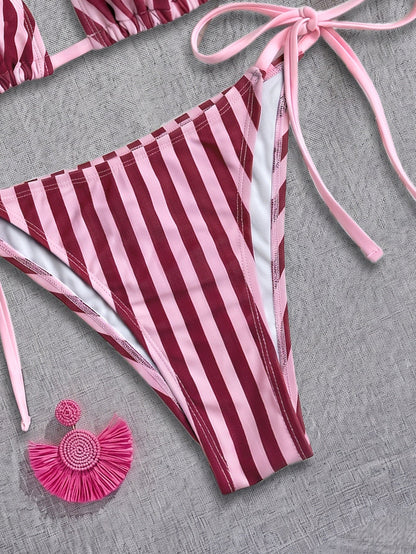 Women Striped Printed Bikini Halter Strap Sexy Split Bikini Seaside Swimwear