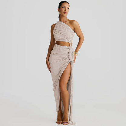 Women Clothing Spring Summer Shoulder Tube Top Backless Hollow Out Cutout Lace Pleated Dress