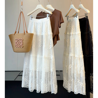 Gentle Three Dimensional Floral Lace Skirt Women Summer Elastic High Waist Hollow Out Cutout out Mesh Large Swing