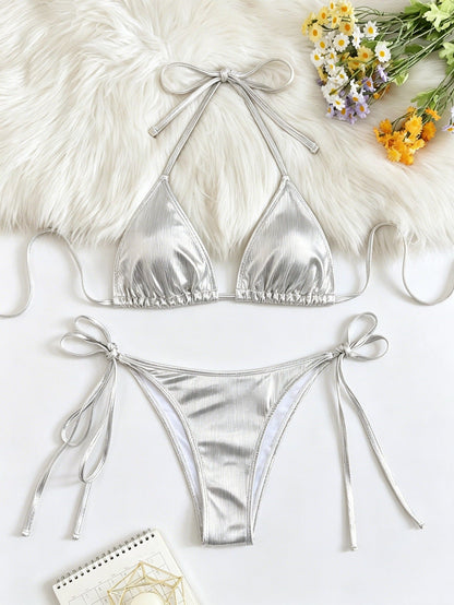 Sexy Seaside Vacation Gilding Glossy Swimsuit Halter Lace up Triangle Cup Bikini Strap Split Swimsuit