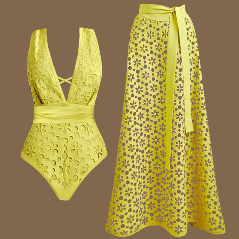 V neck Hollow Out Cutout High Sense One Piece Swimsuit Women Vacation Beach