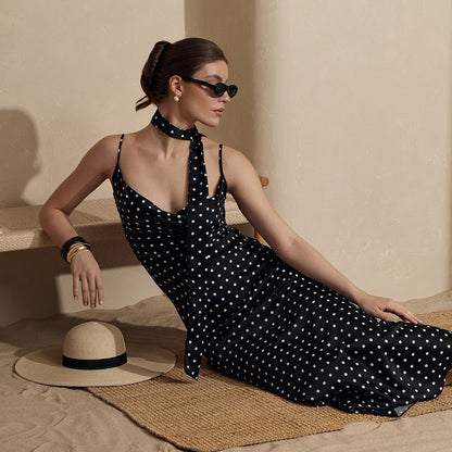 Strap Maxi Dress Summer Halter Strap Fishtail Polka Dot Maxi Dress