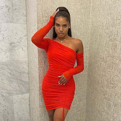 Summer Sexy Mesh Sloping-Shoulder off the-Shoulder Long Sleeve See-through Pleating Dress
