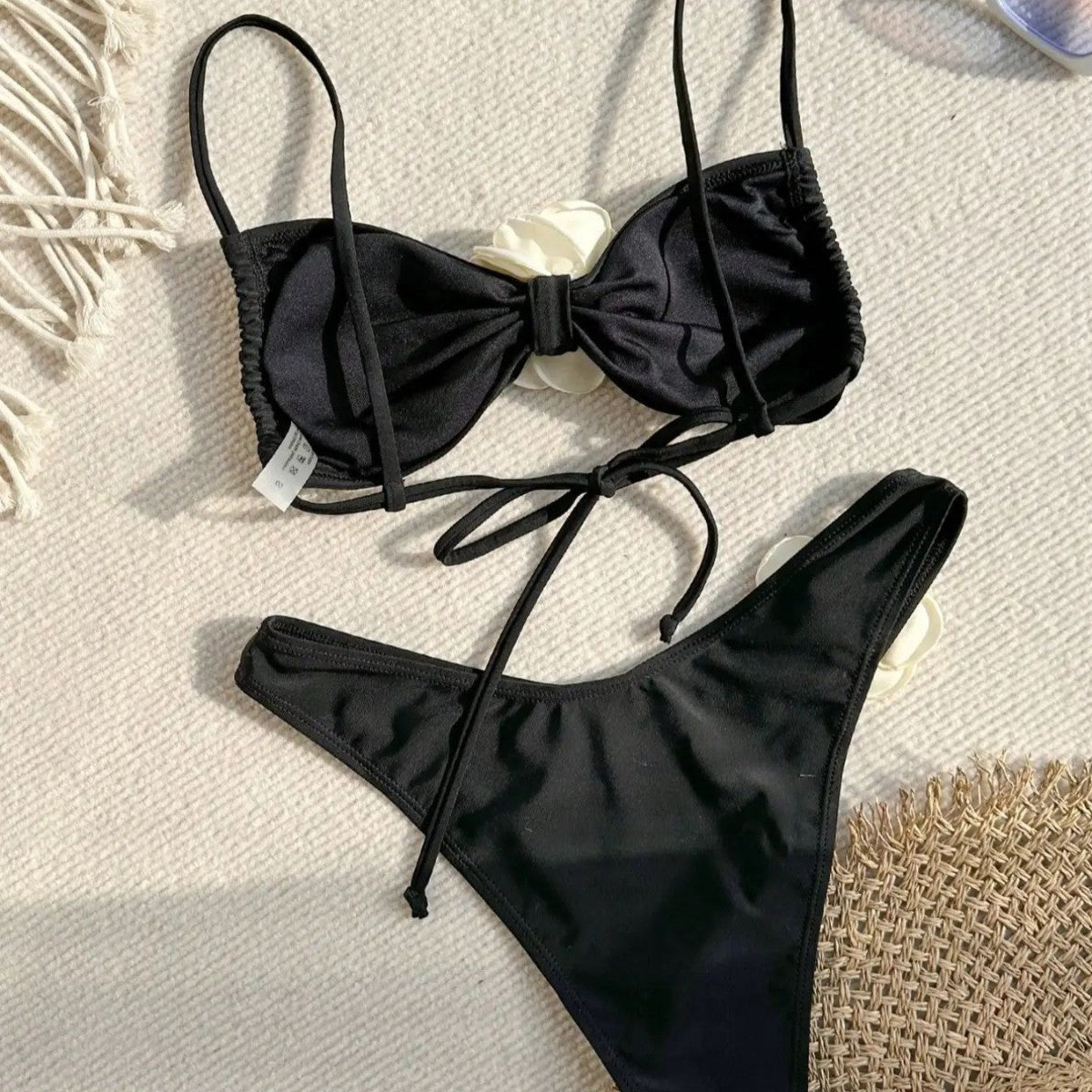 Bikini Solid Color Three Dimensional Floral Tube Top Lace up Sexy Bikini Split Swimsuit