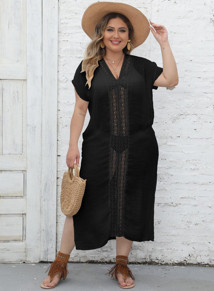 Plus Size Women Beach Dress Vacation Lace V Neck Patchwork Split Dress Bikini Overskirt