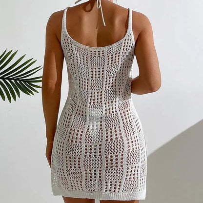 Vacation Women Clothing Short Chic round Neck Plaid Texture Hollow Out Cutout out See through Camisole Sexy Short Dress Crochet hook