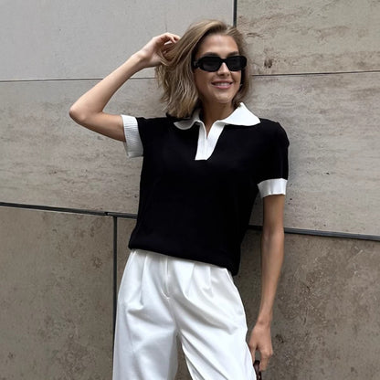 Short Sleeved Knitwear Summer Office Polo Collar Contrast Color Slim Fit Knitted Top