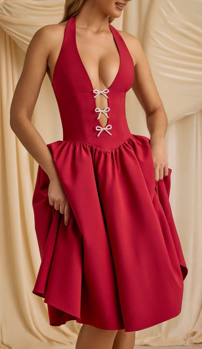 Spring Summer Halter Bow Deep V Plunge neck Backless Sexy Tulle Tutu Dress