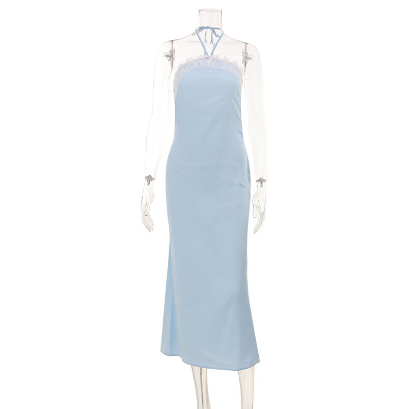 Sexy Sleeveless Halter Tube Top Lace Trim Dress Satin Skin Friendly Slim Strap Dress Women