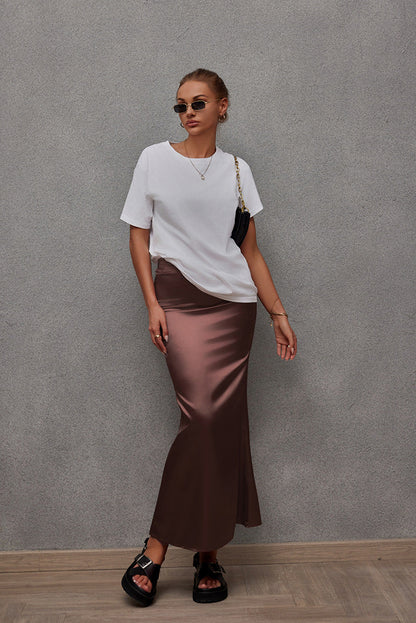 Spring Summer Artificial Silk Skirt Satin Skirt Women Casual Satin Hip Skirt