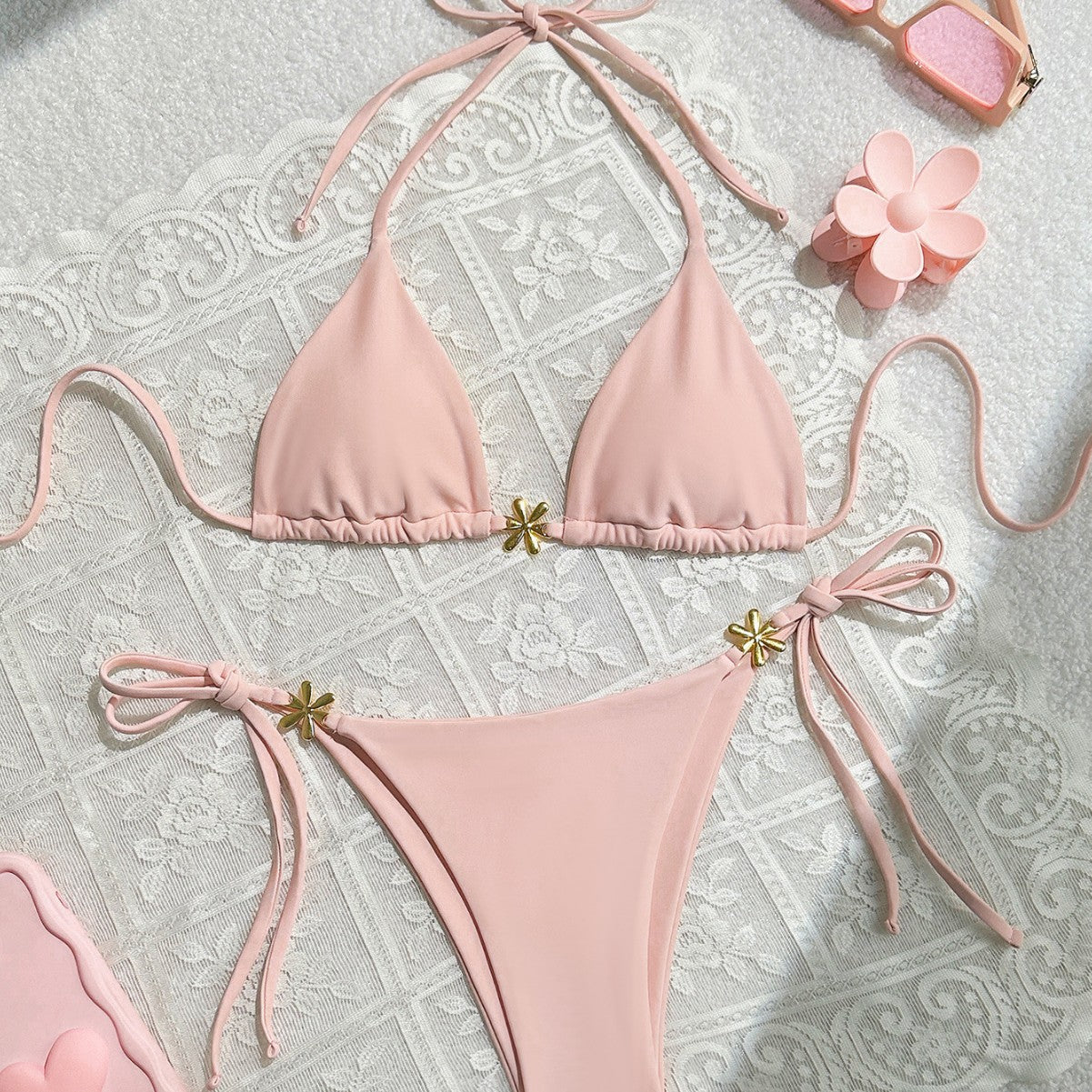 Sexy Exposed Back Women Summer Beach Solid Color Bikini