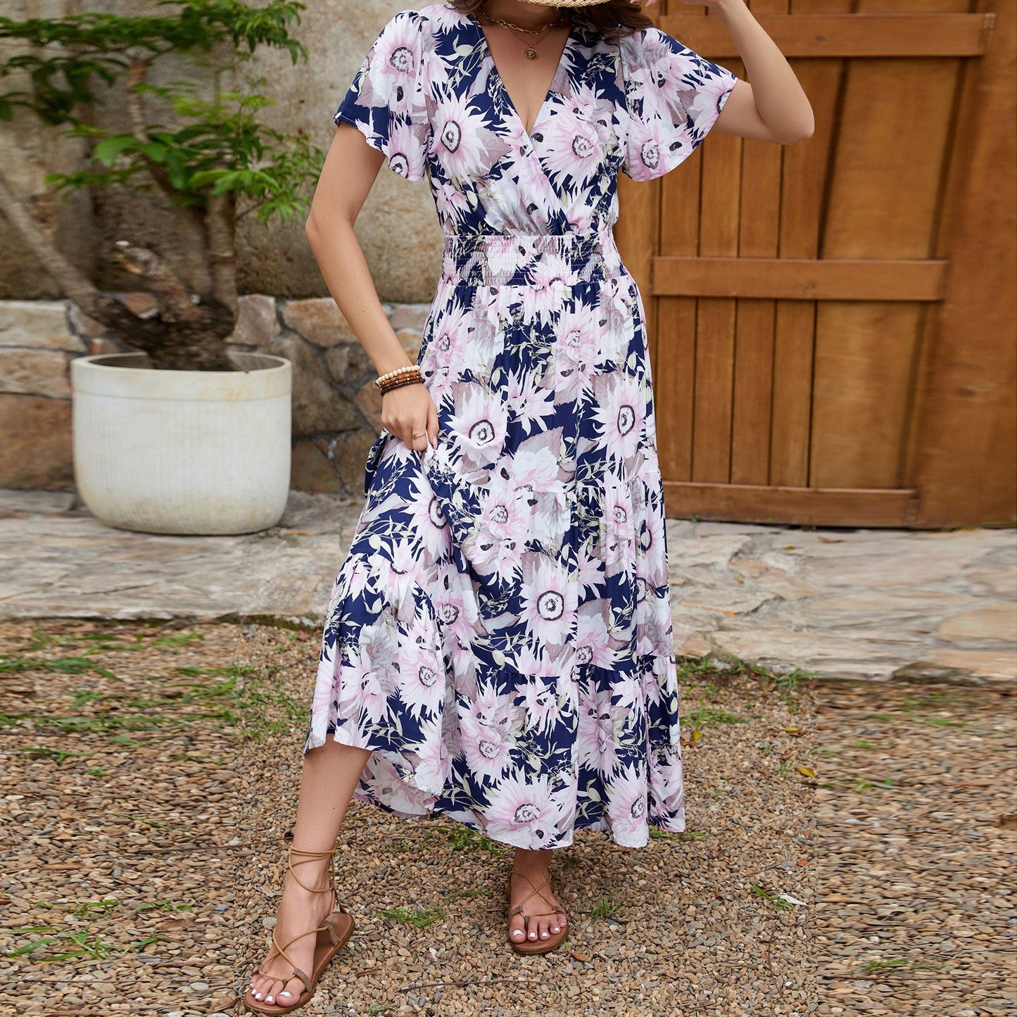 Real Shot Spring Summer Rayon Short Sleeve V neck Slim Fit Figure Flattering Maxi Dress Vacation Dress