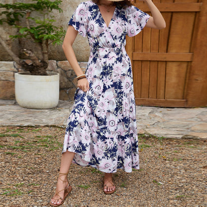 Real Shot Spring Summer Rayon Short Sleeve V neck Slim Fit Figure Flattering Maxi Dress Vacation Dress