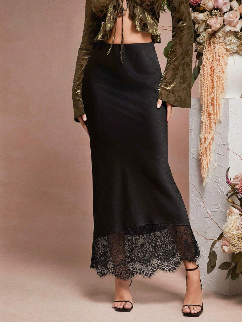 Skirt Lace Stitching Satin Satin Skirt Socialite Women Clothing