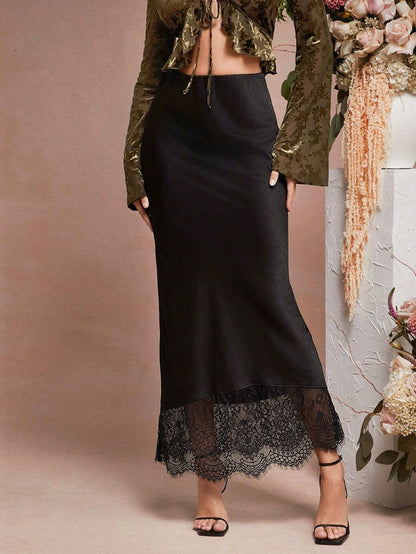 Skirt Lace Stitching Satin Satin Skirt Socialite Women Clothing
