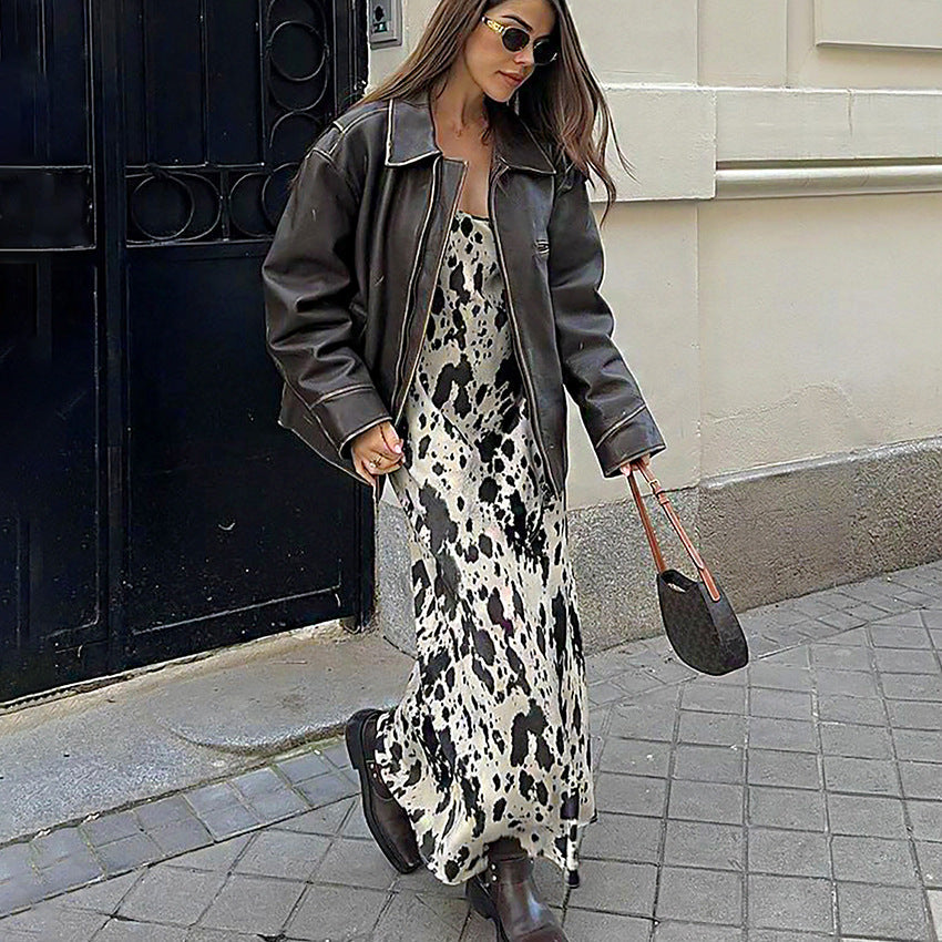 Autumn Winter Sexy Design Print Sling round Neck All Matching Ankle High Retro Party Formal Dress Women