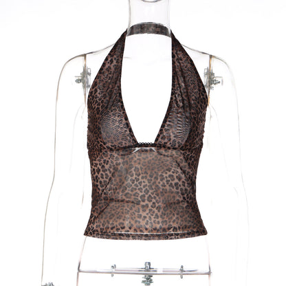 Summer Top Sexy See through Leopard Print Sexy Deep V Plunge neck Slim Fit Halter Mesh Wrapped Chest
