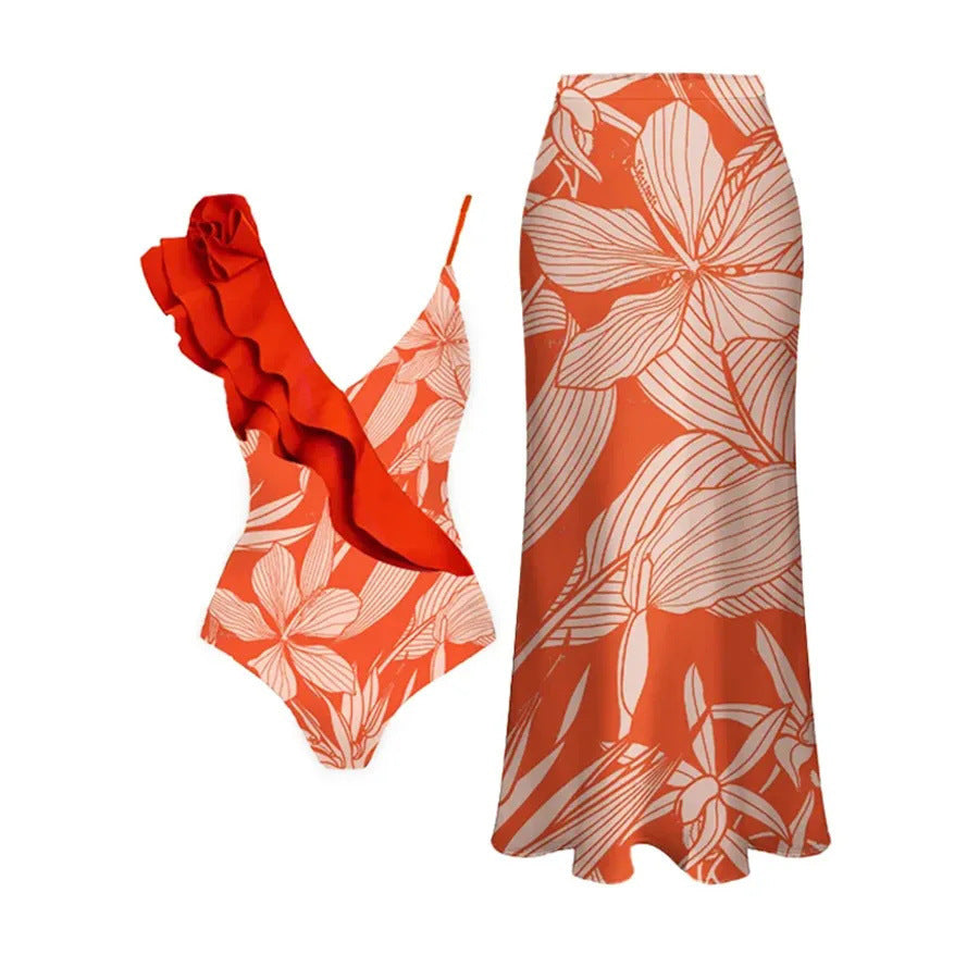 Printing European French Retro One Piece Women Swimwear Cover Belly Slimming Swimsuit