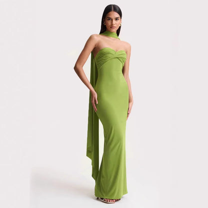 Women Summer Halter Ribbon Twist Woven Wrapped Chest Backless Slim Fit Niche Maxi Dress