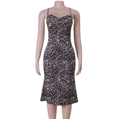 Spring Summer Lace Leopard Print Sexy Backless Lace up Slim Dress