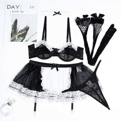 Black White Lace Contrast Color Multi Layer Lace Sexy Uniform Maid Mesh Stockings 5 Piece Set