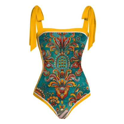 Two Piece Swimsuit Vintage Print Flab Hiding Slimming Sun Protective Beach Dress Swimsuit