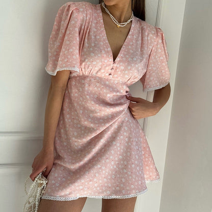Women Clothing Summer Floral Dress Casual V neck Short Sleeve High Waist Short Dress
