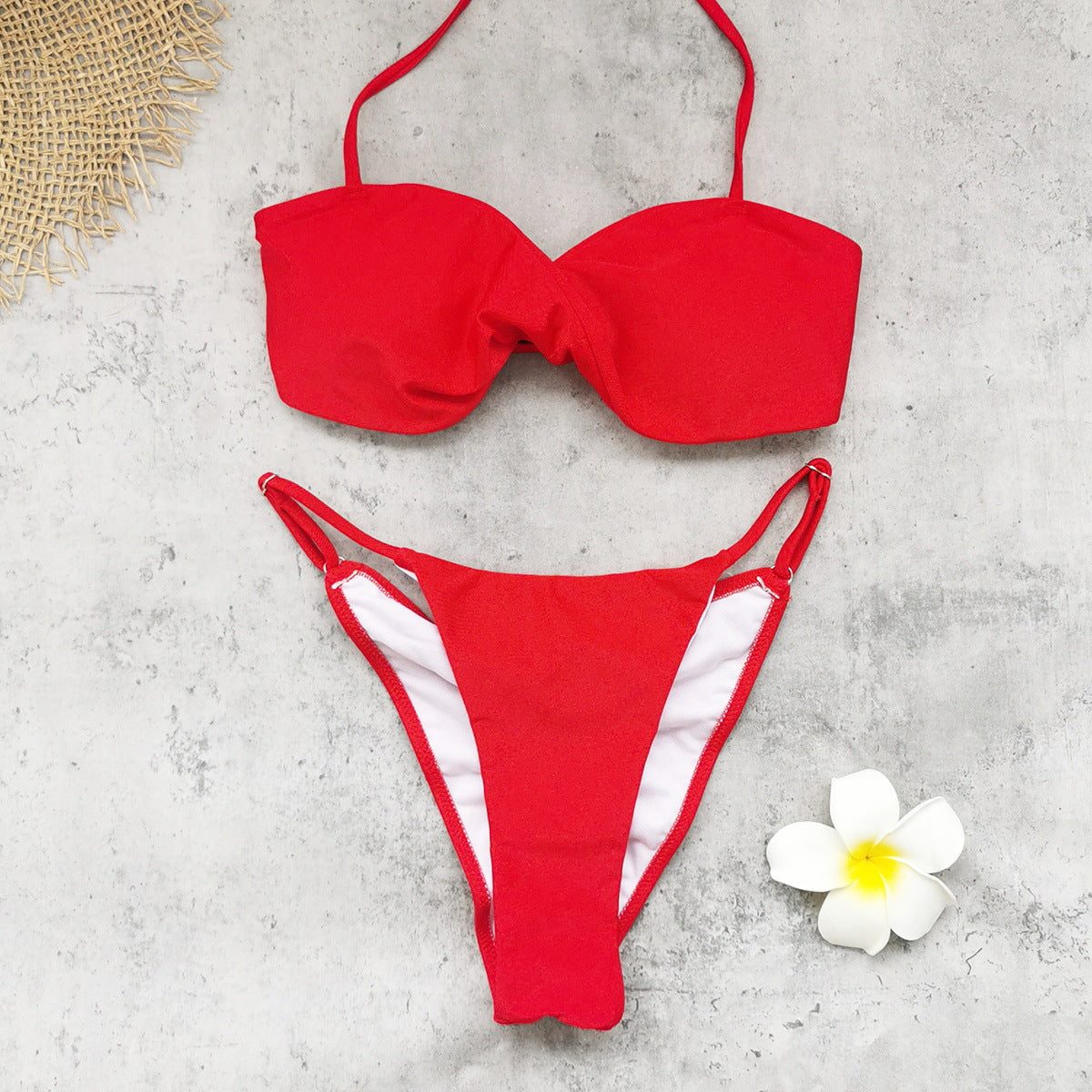 Solid Color Adjustable Pleating Bikini Sexy Lace up Backless Gauzy Trousers Set Split Swimsuit Women