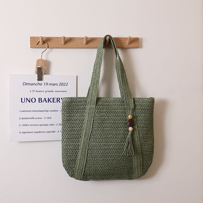 Women Solid Color Woven Bag Large Capacity Shoulder Straw Bag Vacation Beach Bag Women Bag