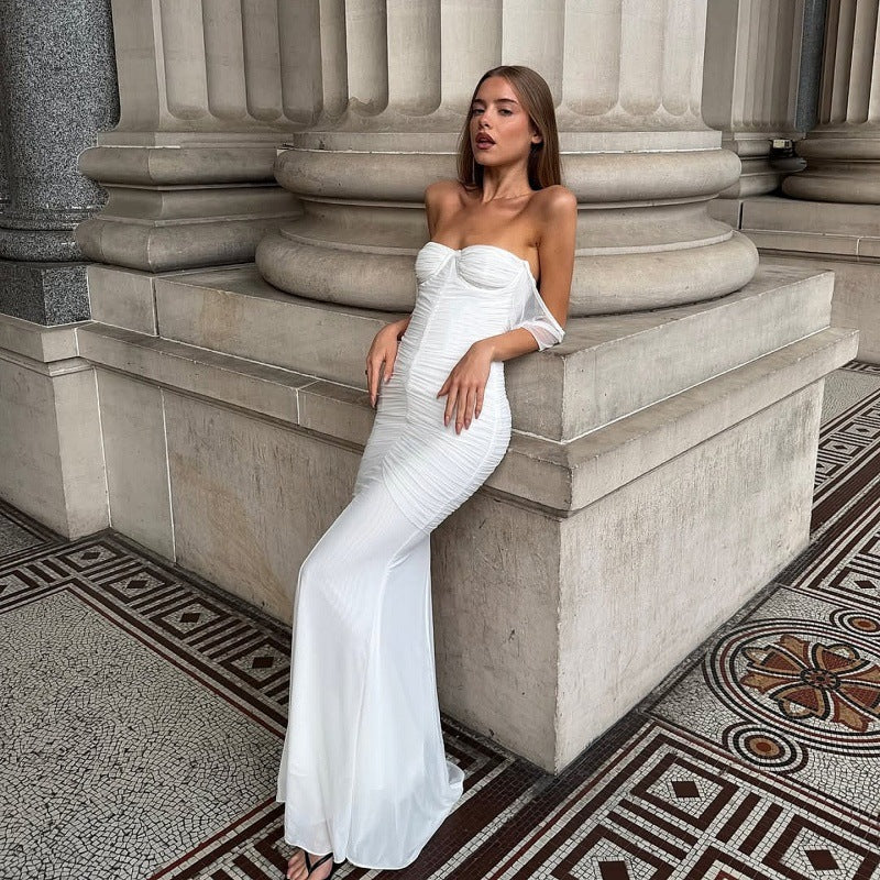 Fashionable Elegant Bandeau Sling Backless Waist Trimming Pleated Mesh Fishtail Dress