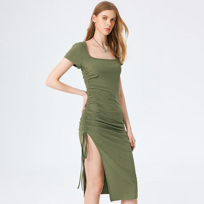 Knitted Small Sunken Stripe Elegant Square Cut Collar Waist Figure Flattering Side Slit Hip Dress