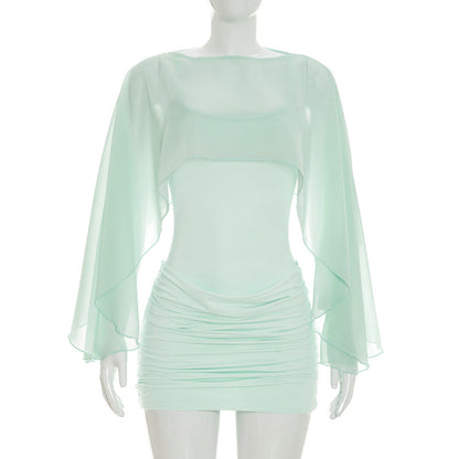 Women Clothing Summer Solid Color Casual Long Sleeves Shawl Straps Tulle Mini Short Dress