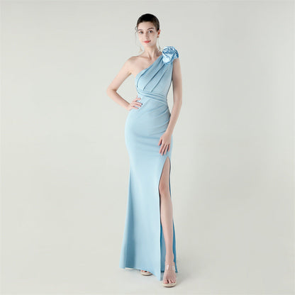 One Shoulder Three Dimensional Floral Satin Folding High Slit Sexy Evening Dress Dinner Wedding Social