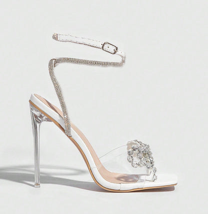 High Heel Sandals Women Heels Rhinestone Bow 11cm Stiletto Heel Square Toe Rhinestone Clear Heel Women