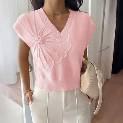 Women Clothing Autumn Winter Casual Vacation Deep V Plunge Neck Solid Color Sweater with Short Sleeves