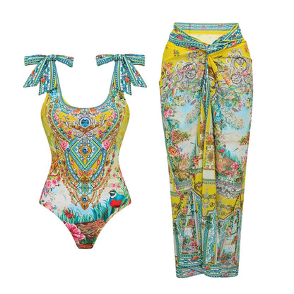 Swimsuit Bright Yellow Garden Print Vacation Swimsuit Women Long Skirt