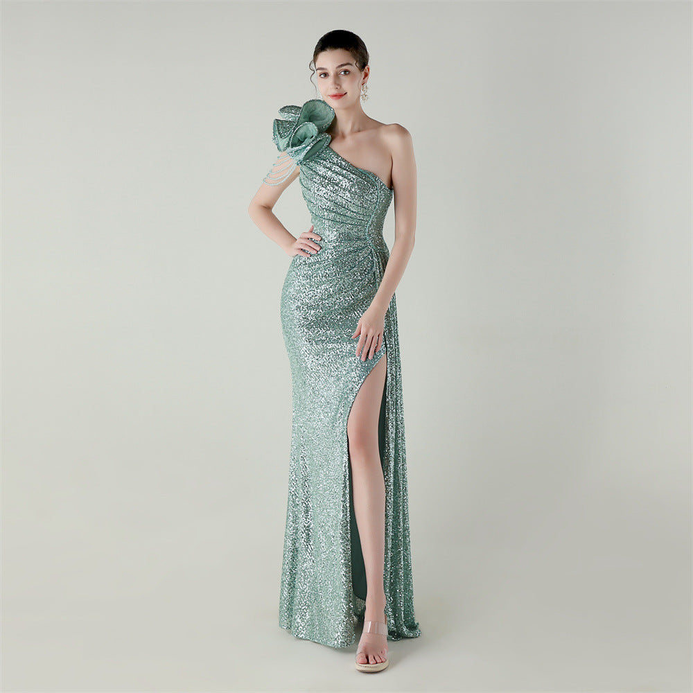 Craft Floral Beaded One Shoulder Diagonal Collar Fishtail Evening Dress Dinner Wedding Awards Ceremony Social Dress