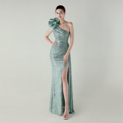 Craft Floral Beaded One Shoulder Diagonal Collar Fishtail Evening Dress Dinner Wedding Awards Ceremony Social Dress