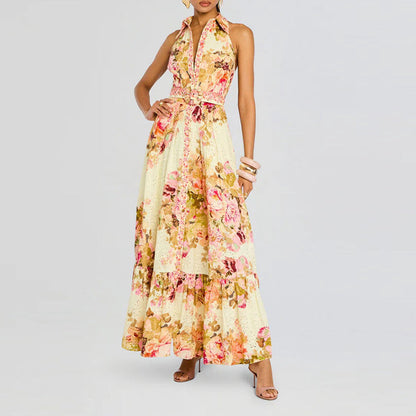 Retro Elegance Floral Printed Dress Summer Waist Slimming Sleeveless Lace up Dress