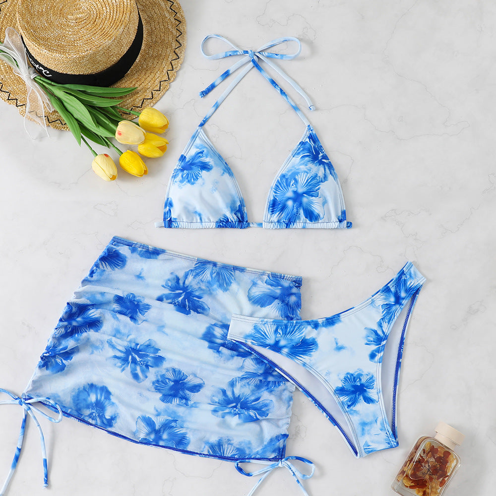 Bikini Mesh Drawstring Slim Sexy Slim Printed Bikini Three Piece Sets Swimsuit
