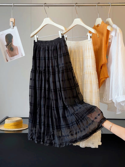 French Wooden Ear Embroidery Mesh Women Summer Elegant Slimming A line Mid Length Tiered Skirt