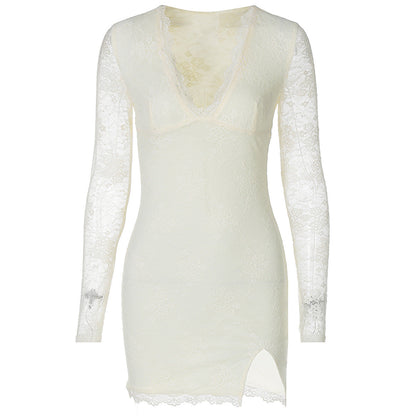 Women Clothing Autumn Winter Sexy Mesh Stitching Long Sleeve Narrow Dress